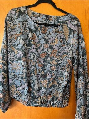 Ann Taylor Woven Floral Blouson Top in Blue, Brown and Lavender